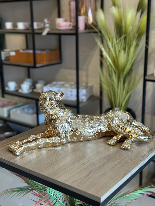 Estátua Leopardo Gold Deitado